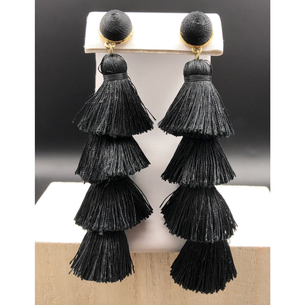 Baublebar Pierced‎ Earrings Gabriela 4" Black Tiered Tassel Fringe Boho Dangles